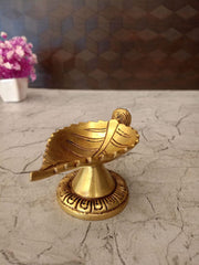 Premium Brass Sacred Leaf Diya | Authentic Botanical Deepam on Engraved Pedestal for Vastu & Daily Pooja Decor
