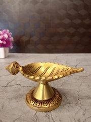 Premium Brass Sacred Leaf Diya | Authentic Botanical Deepam on Engraved Pedestal for Vastu & Daily Pooja Decor