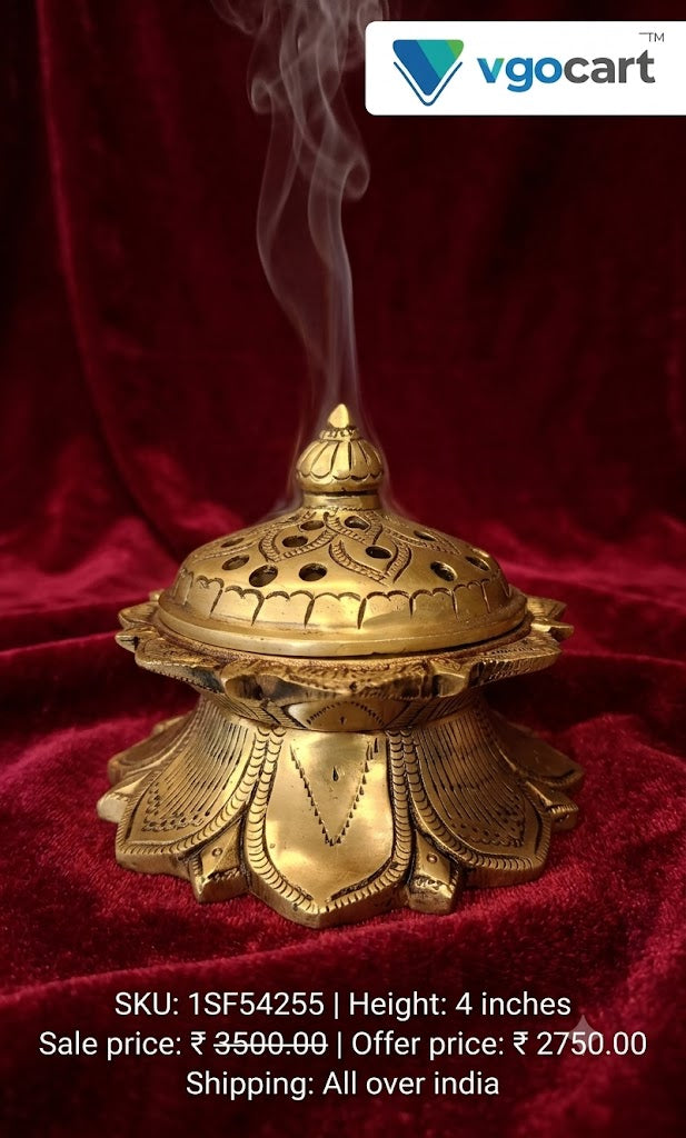 Masterpiece Engraved Brass Lotus Dhoop Holder | Antique Kamal Sambrani Burner for Vastu & Elite Temple Pooja