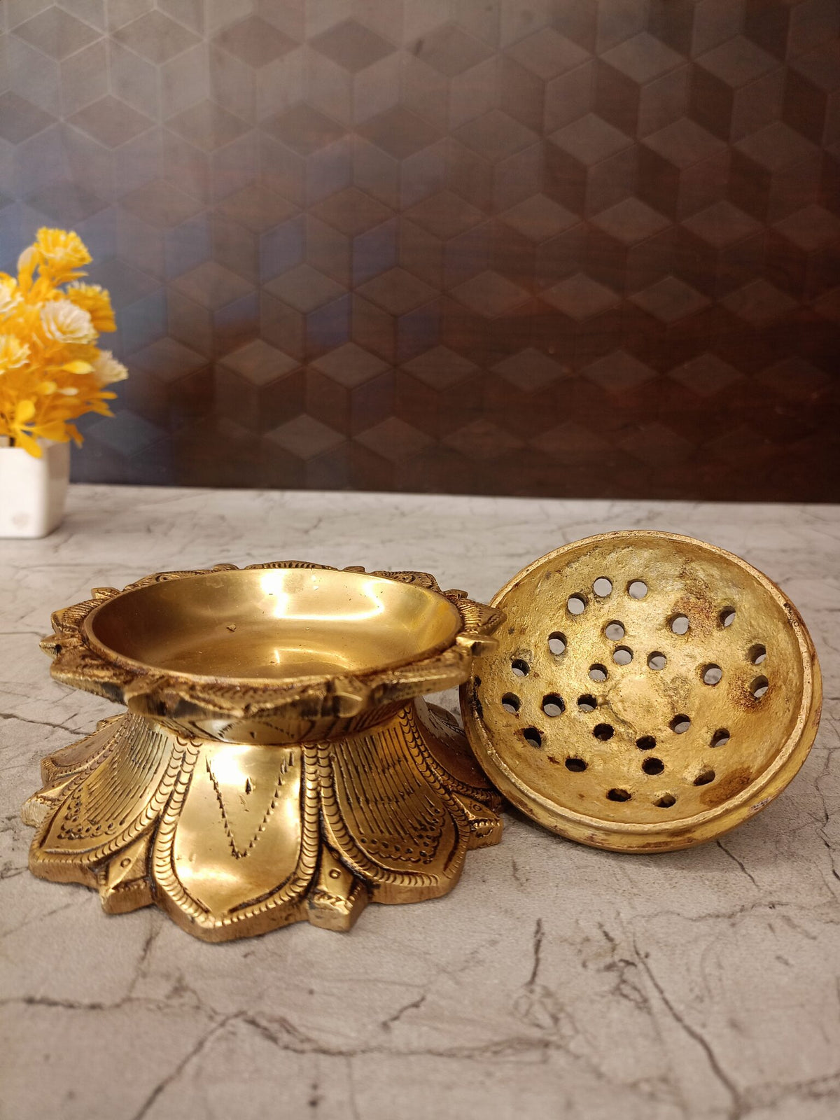 Masterpiece Engraved Brass Lotus Dhoop Holder | Antique Kamal Sambrani Burner for Vastu & Elite Temple Pooja