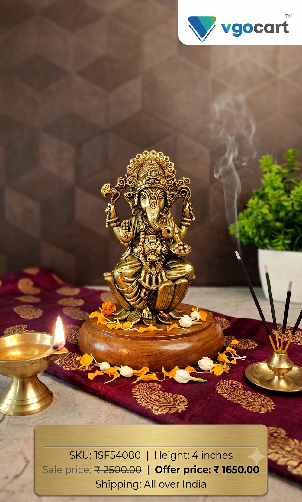Premium Brass Fine Art Ganesha on Lotus | Divine Ganapati Statue with Mooshika for Vastu & Success