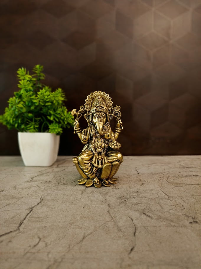 Premium Brass Fine Art Ganesha on Lotus | Divine Ganapati Statue with Mooshika for Vastu & Success