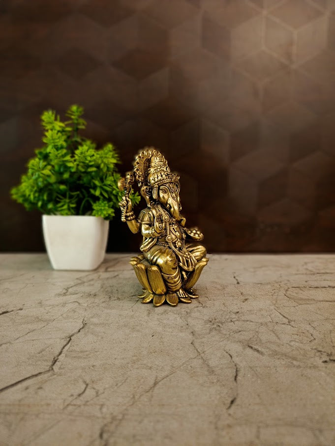 Premium Brass Fine Art Ganesha on Lotus | Divine Ganapati Statue with Mooshika for Vastu & Success