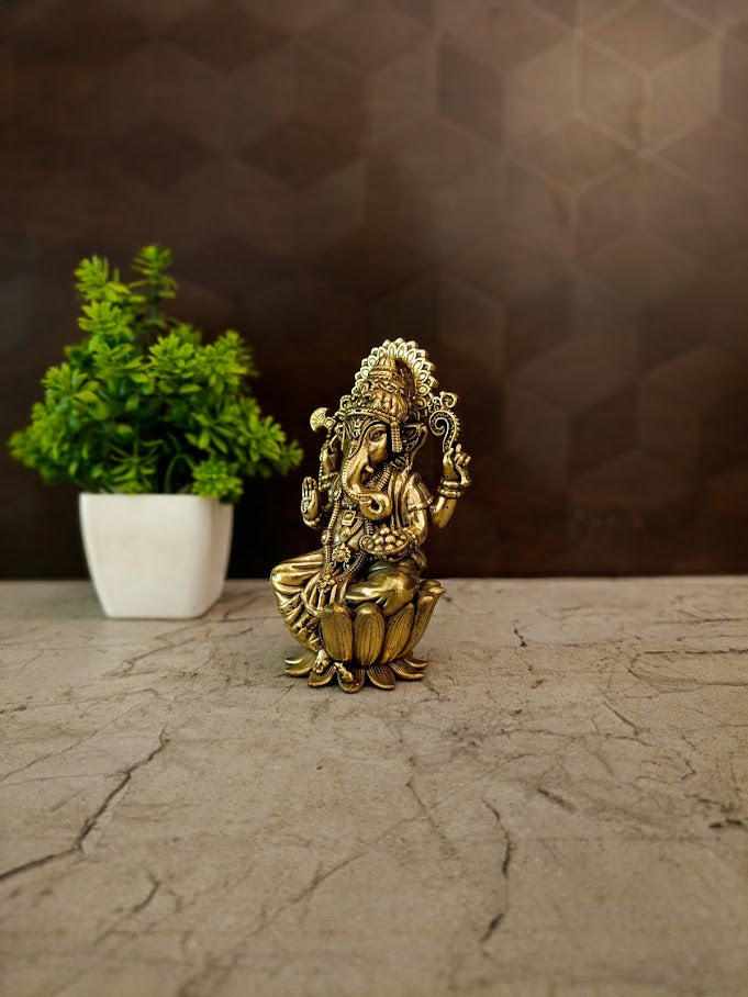Premium Brass Fine Art Ganesha on Lotus | Divine Ganapati Statue with Mooshika for Vastu & Success