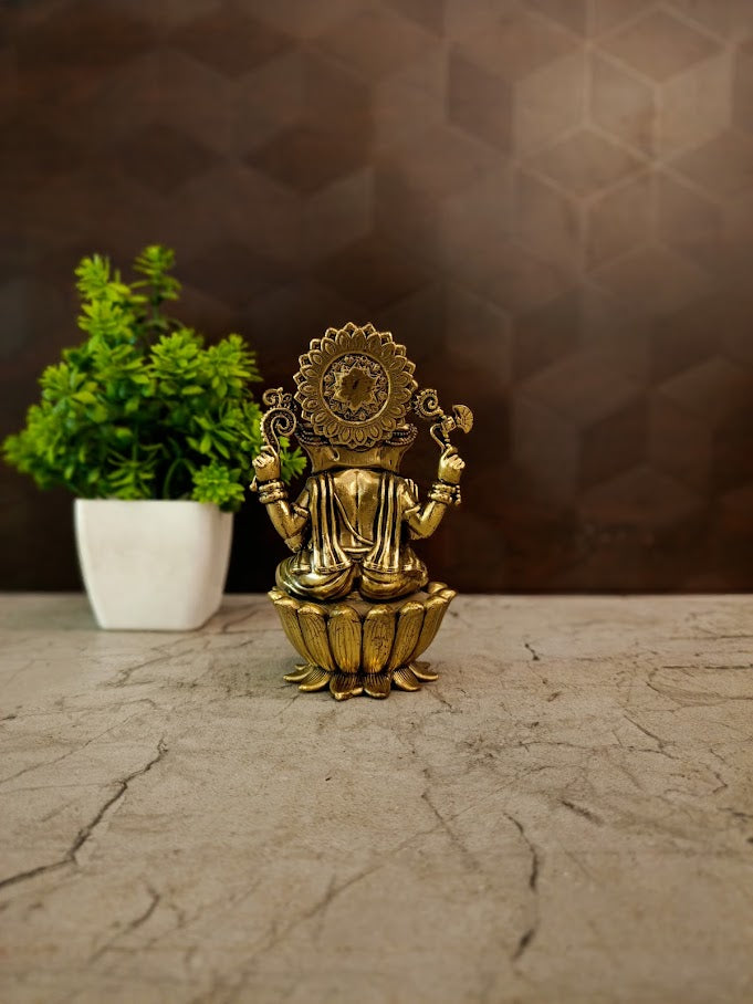 Premium Brass Fine Art Ganesha on Lotus | Divine Ganapati Statue with Mooshika for Vastu & Success