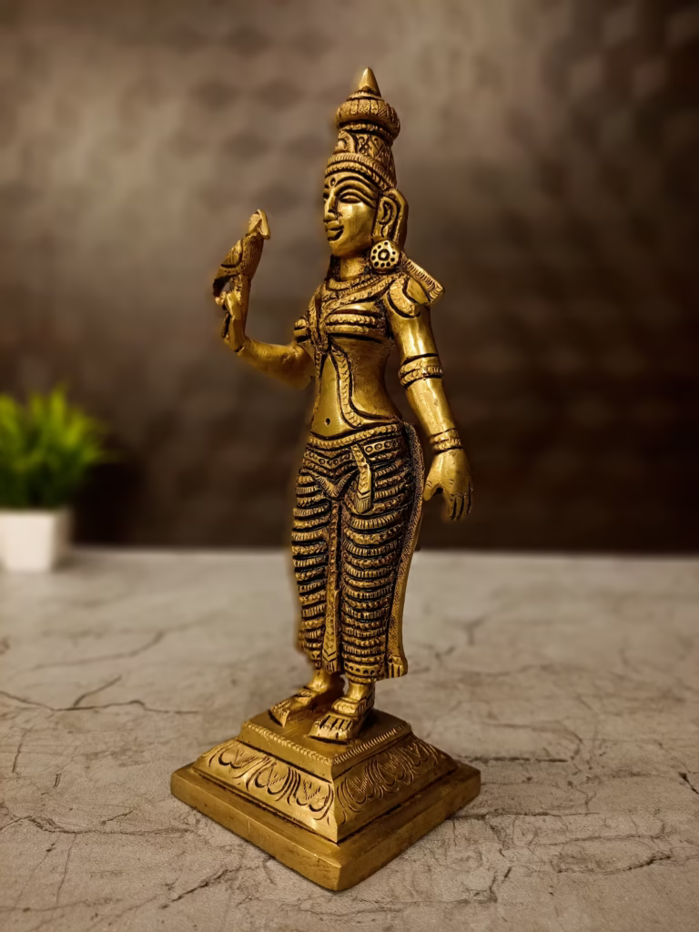 Premium Brass Madurai Meenakshi Amman Idol | Authentic Goddess Statue with Parrot for Vastu & South Indian Altar Decor