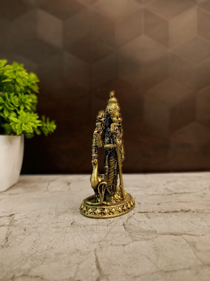 Premium Brass Miniature Lord Murugan Idol | Compact Karthikeya Statue for Vastu & Divine Protection