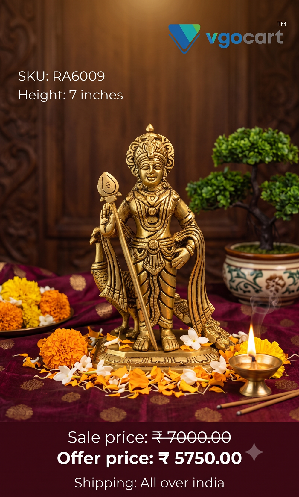 Premium Fine Art Brass Lord Murugan with Peacock | Majestic Karthikeya Statue for Vastu, Courage & Heritage Decor