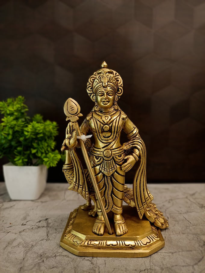 Premium Fine Art Brass Lord Murugan with Peacock | Majestic Karthikeya Statue for Vastu, Courage & Heritage Decor