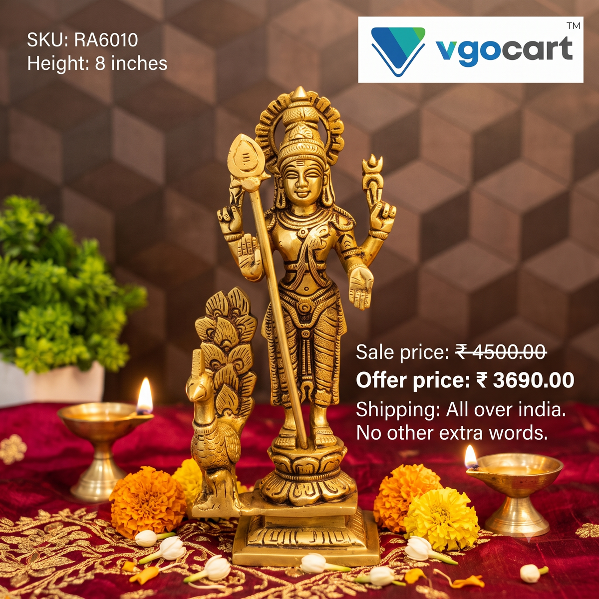 Premium Brass Lord Murugan with Peacock Idol | Majestic Vel Kartikeya Statue for Vastu & Victory