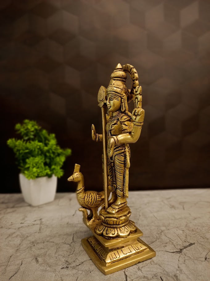 Premium Brass Lord Murugan with Peacock Idol | Majestic Vel Kartikeya Statue for Vastu & Victory