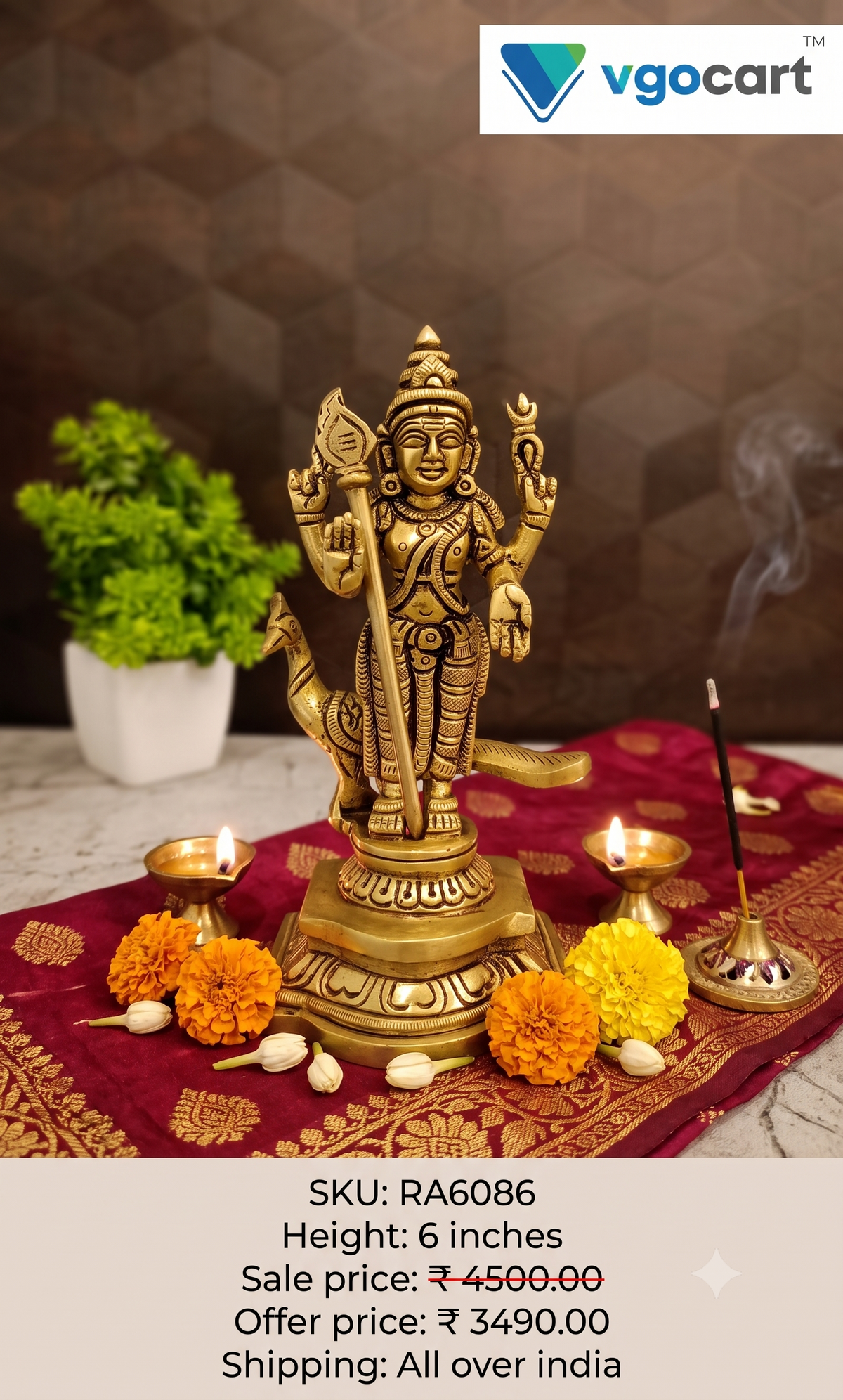 Premium Brass Lord Murugan with Peacock | Majestic Kartikeya Mayil Vahana Statue for Vastu & Absolute Victory