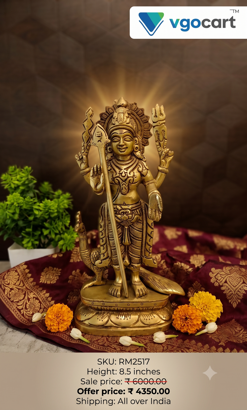 Premium Brass Lord Murugan on New Lotus Pedestal | Majestic Karthikeya Statue for Vastu, Courage & Heritage Decor