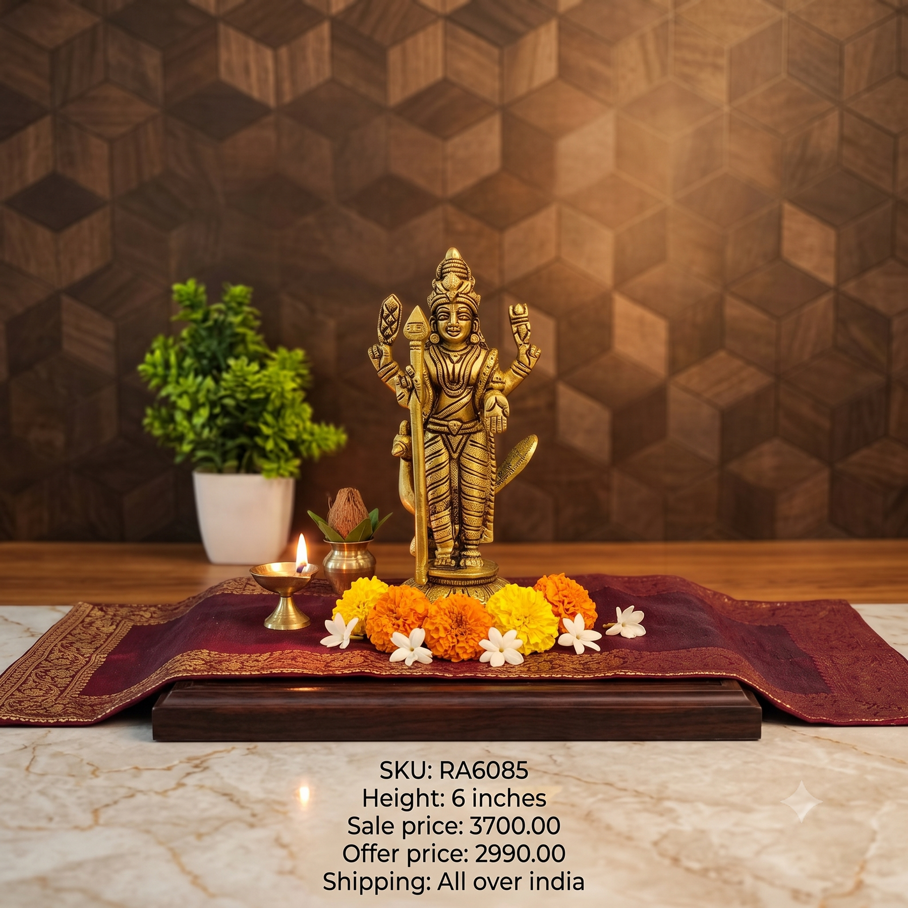 Premium Brass Murugan with Attached Vel | Divine Kartikeya Idol for Victory & Pooja Room