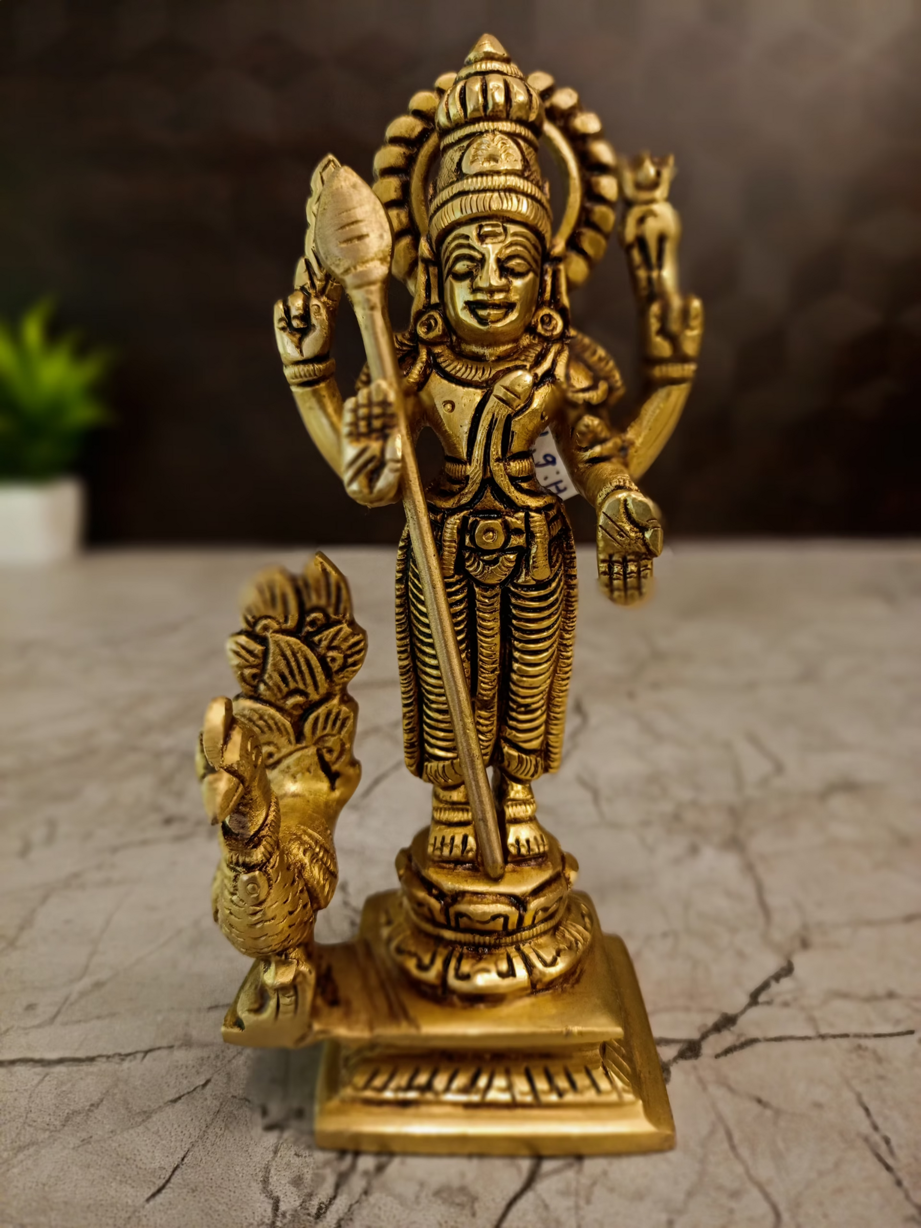 Brass Murugan with Peacock Idol 6 Inch | Lord Murugan Subramanya Swamy Statue with Vel | Hindu God Idol for Pooja Room & Home Temple