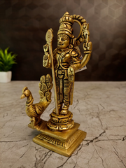 Brass Murugan with Peacock Idol 6 Inch | Lord Murugan Subramanya Swamy Statue with Vel | Hindu God Idol for Pooja Room & Home Temple