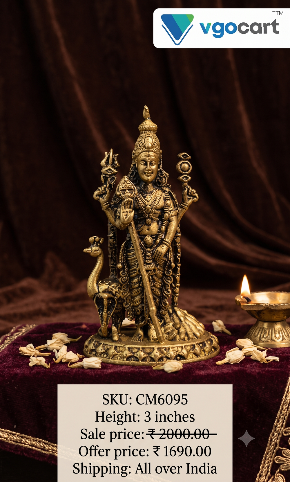 Premium Brass Miniature Lord Murugan Idol | Compact Karthikeya Statue for Vastu & Divine Protection