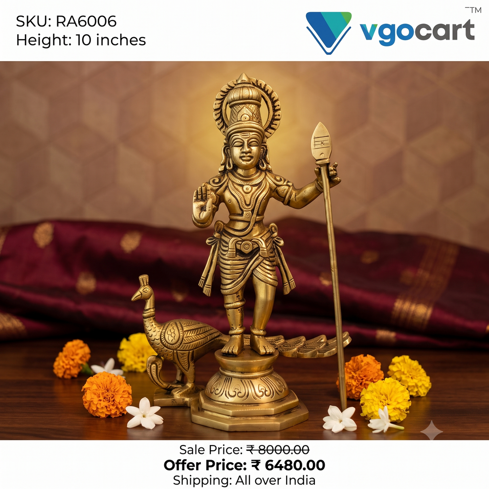 Premium Brass Murugan with Peacock on Round Base | Divine Karthikeya Statue for Vastu & Supreme Victory