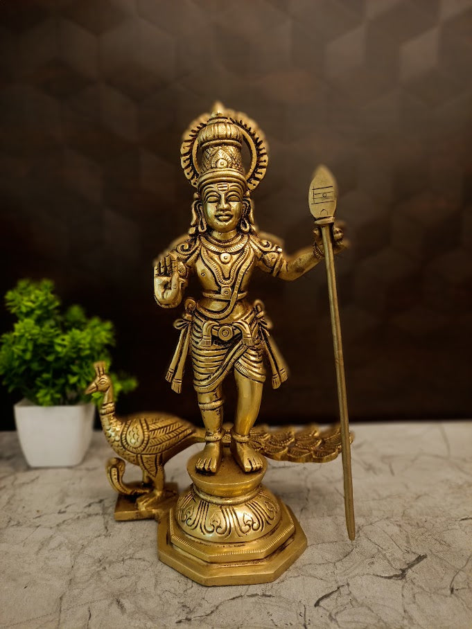 Premium Brass Murugan with Peacock on Round Base | Divine Karthikeya Statue for Vastu & Supreme Victory