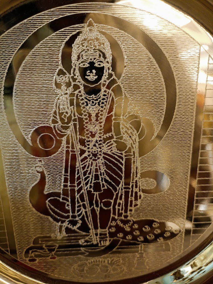 Premium Engraved Brass Murugan Pooja Thali | Sacred Kartikeya Thamboolam Plate for Vastu & Victory