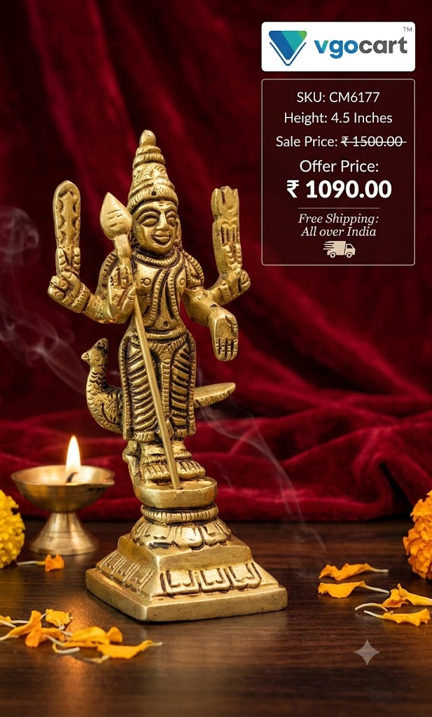 Compact Brass Murugan Idol | Premium Small-Scale Kartikeya Statue for Vastu, Apartments & Heritage Gifting