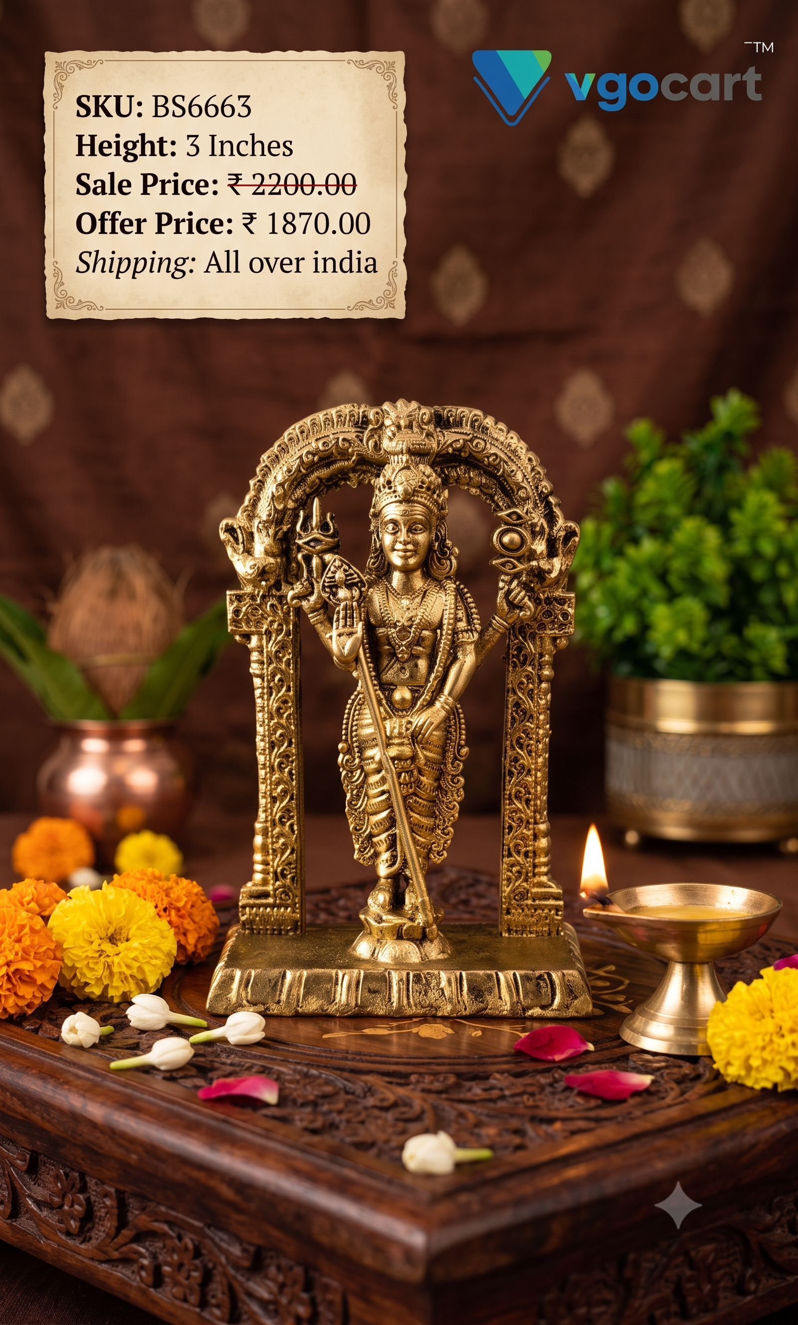 Brass Fine Art Murugan with Arch | Miniature Kartikeya Idol with Prabhavali for Pooja & Car Dashboard