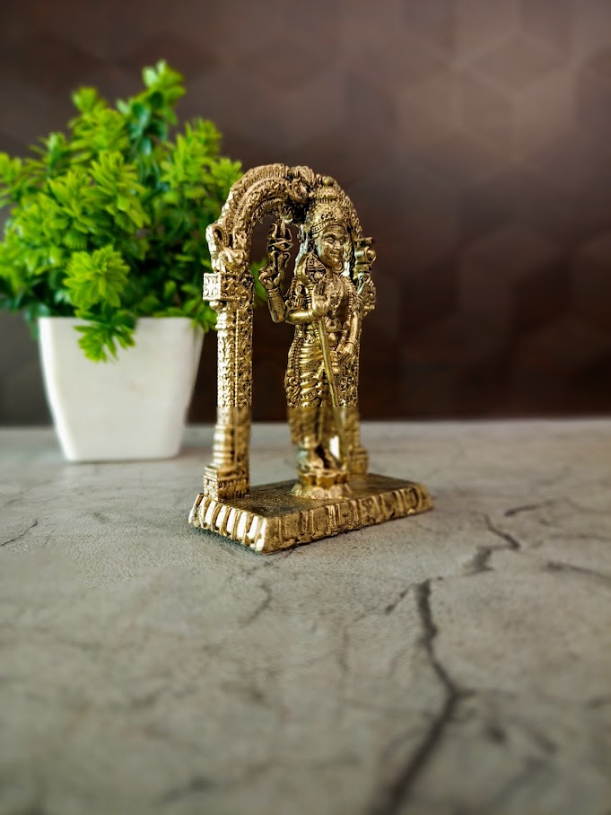 Brass Fine Art Murugan with Arch | Miniature Kartikeya Idol with Prabhavali for Pooja & Car Dashboard