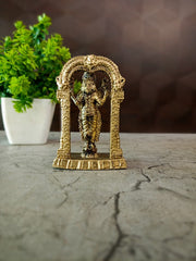 Brass Fine Art Murugan with Arch | Miniature Kartikeya Idol with Prabhavali for Pooja & Car Dashboard
