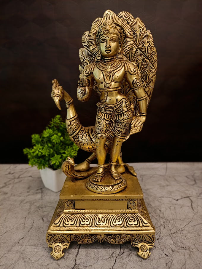 Premium Brass Murugan with Peacock | Antique Kartikeya & Mayil Vahana Idol for Victory & Vastu