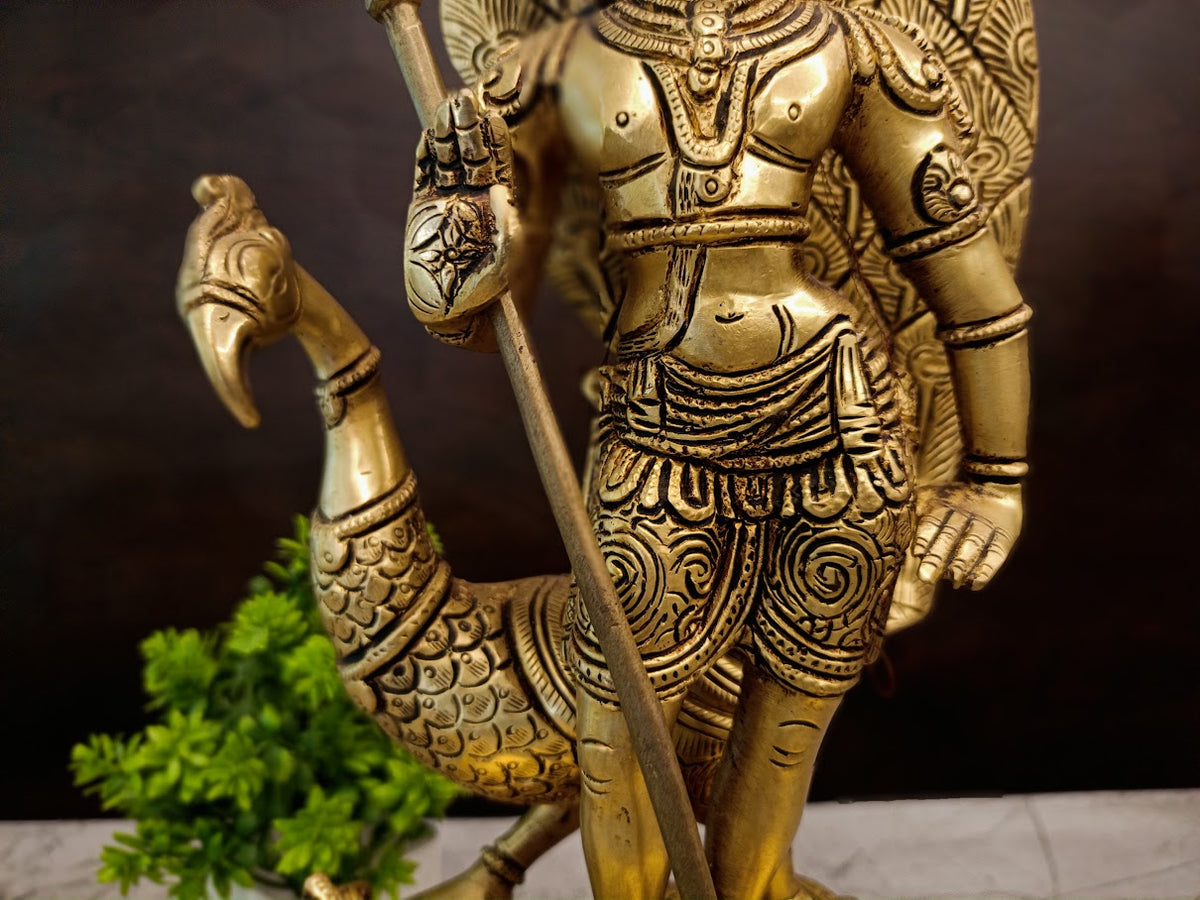 Premium Brass Murugan with Peacock | Antique Kartikeya & Mayil Vahana Idol for Victory & Vastu
