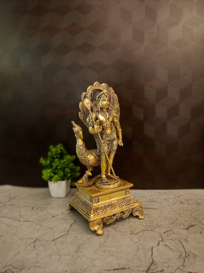 Premium Brass Murugan with Peacock Idol | Divine Kartikeya & Mayil Statue for Pooja & Vastu