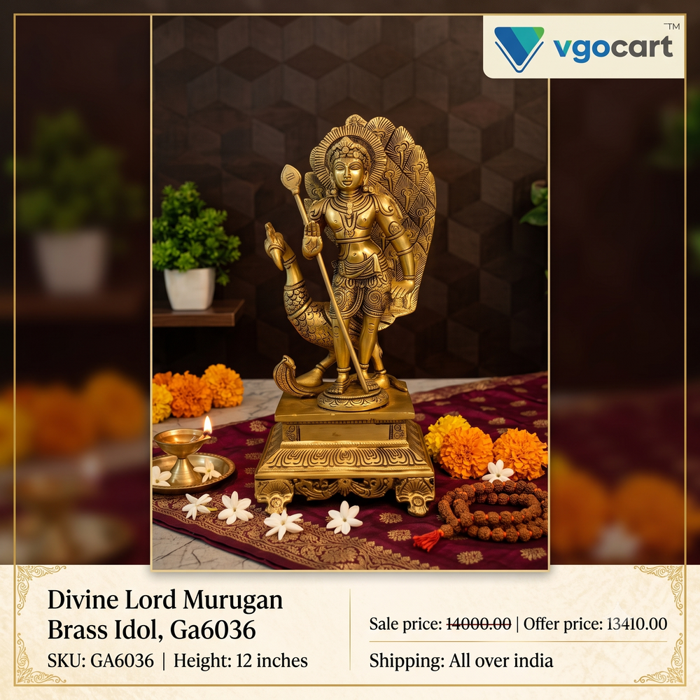 Premium Brass Murugan with Peacock Idol | Divine Kartikeya & Mayil Statue for Pooja & Vastu