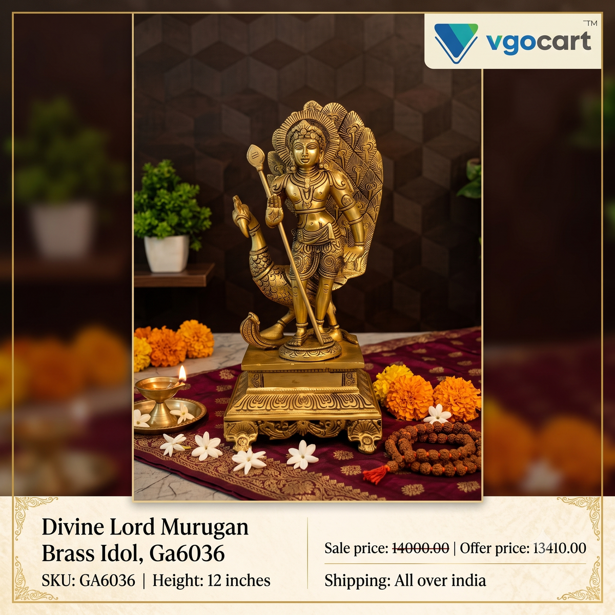 Premium Brass Murugan with Peacock Idol | Divine Kartikeya & Mayil Statue for Pooja & Vastu