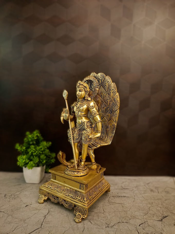 Premium Brass Murugan with Peacock Idol | Divine Kartikeya & Mayil Statue for Pooja & Vastu