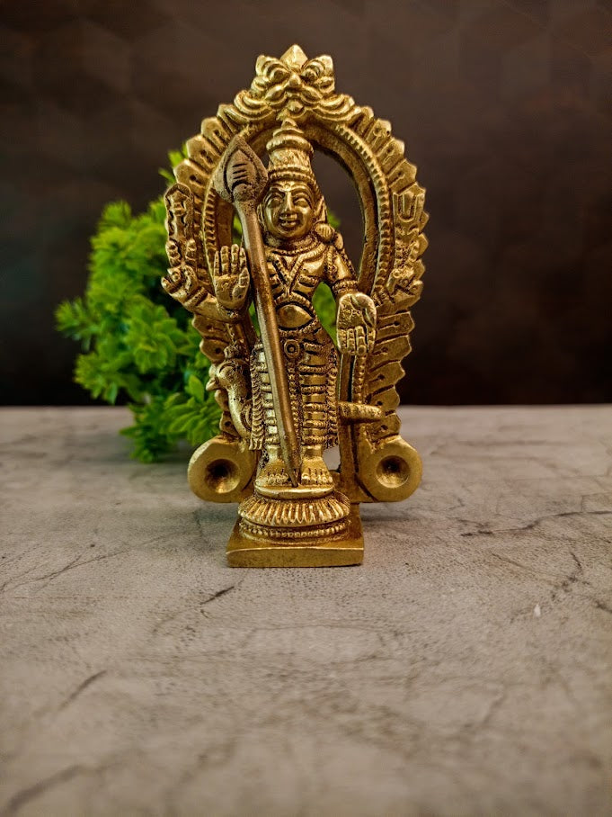 Divine Brass Small Murugan With Arch Antique Finish Skanda with Prabhavali for Supreme Victory