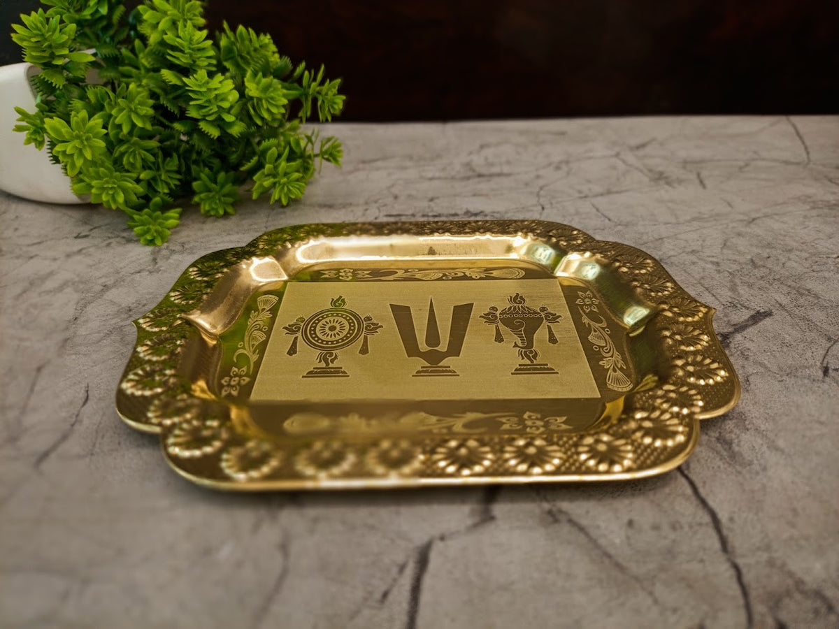 Compact Brass Perumal Namam Rectangle Plate | Sacred Tirupati Balaji Thamboolam Tray for Pooja & Gifting
