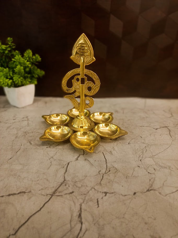 Premium Brass Six Face OM Diya Pranava Deepam for Vastu Peace & Festive Decor