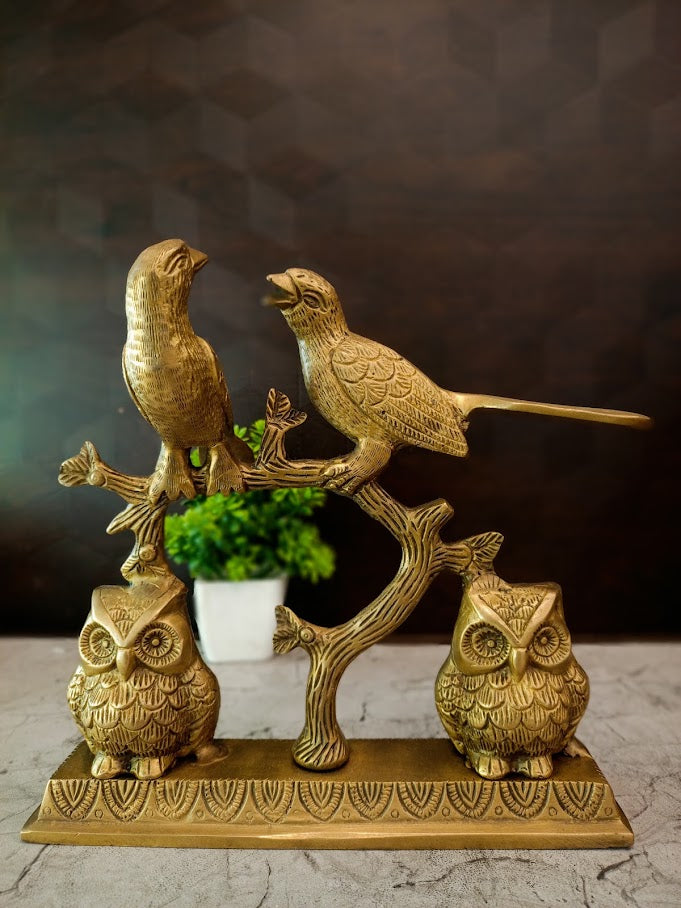 Enchanting Brass Woodland Scenery Figurine | Antique Bird & Owl Branch Sculpture for Vastu & Luxury Home Decor