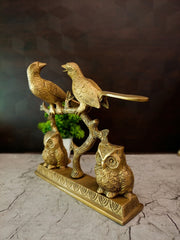 Enchanting Brass Woodland Scenery Figurine | Antique Bird & Owl Branch Sculpture for Vastu & Luxury Home Decor