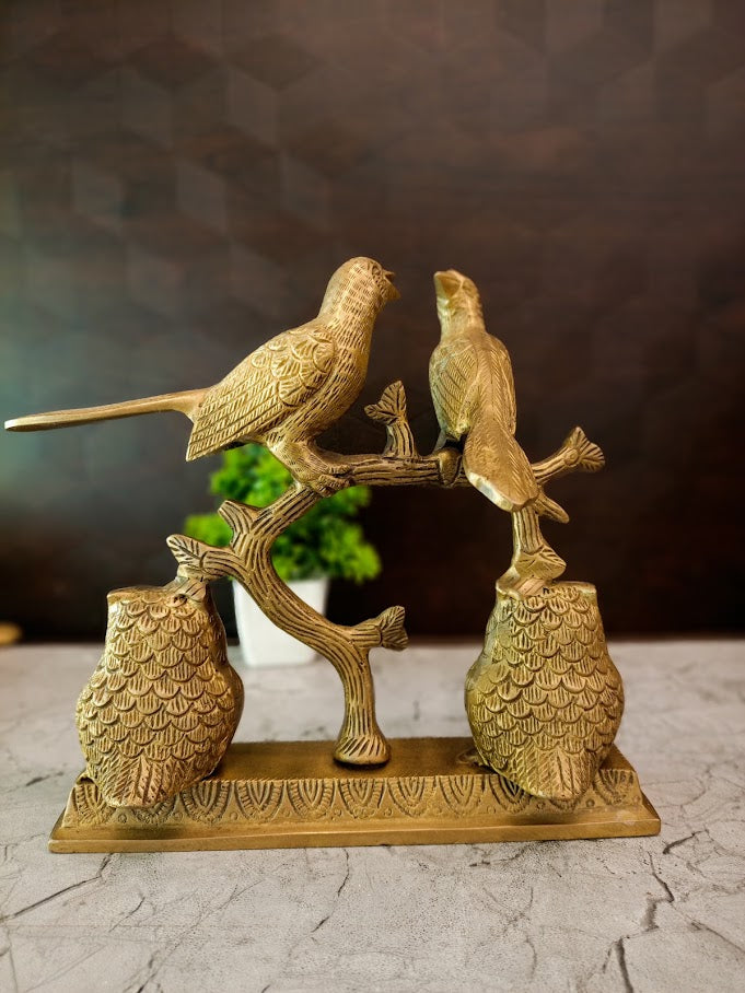 Enchanting Brass Woodland Scenery Figurine | Antique Bird & Owl Branch Sculpture for Vastu & Luxury Home Decor