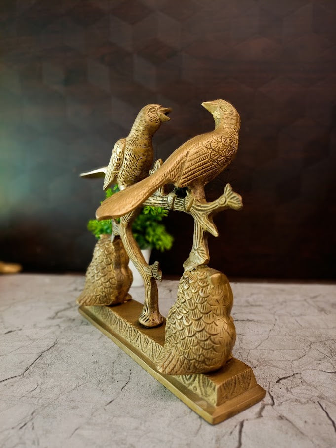 Enchanting Brass Woodland Scenery Figurine | Antique Bird & Owl Branch Sculpture for Vastu & Luxury Home Decor