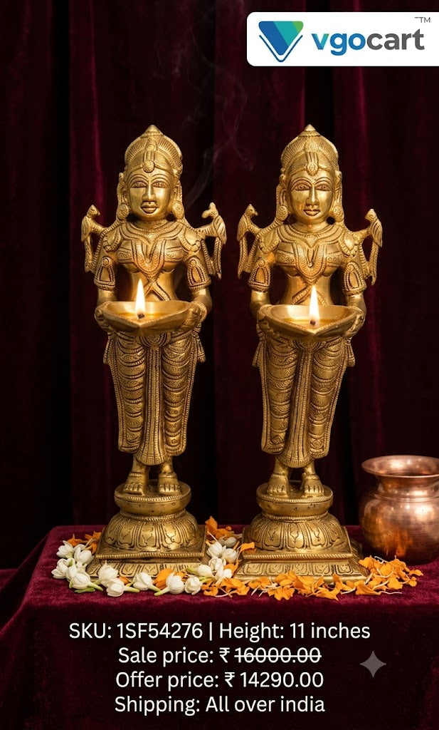 Twin Guardians of Prosperity: Premium Brass Deepalakshmi Paavai Vilakku Pair | Antique Square-Base Welcome Diyas for Elite Heritage Decor