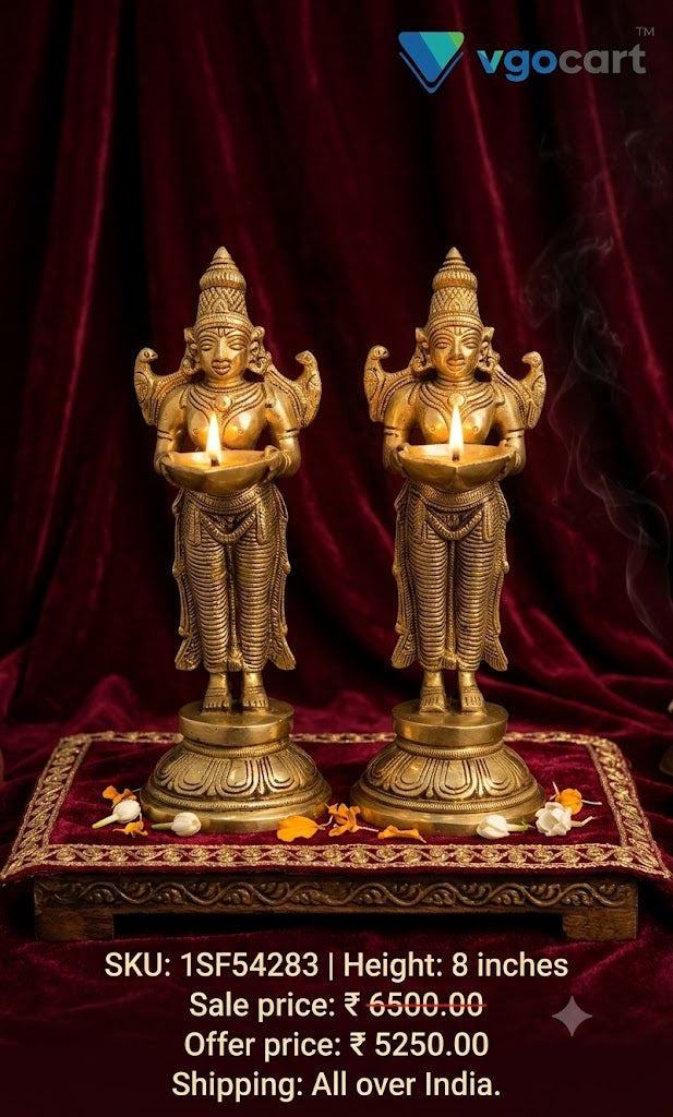 Regal Crowned Brass Paavai Vilakku | Antique Deepalakshmi Diya for Vastu & Heritage Temple Decor