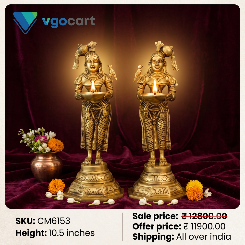 Premium Brass Paavai Vilakku Pair | Traditional Deepalakshmi Diya for Vastu & Heritage Entryway Decor