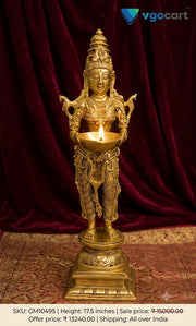 Royal Gopuram Crown Brass Paavai Vilakku | Authentic Deepalakshmi Diya with Tiered Square Base for Vastu & South Indian Altar Decor