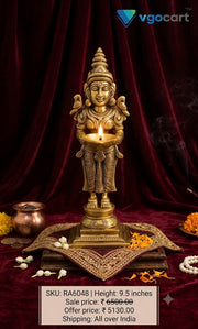 Antique Brass Deepalakshmi Pavai Diya | Crowned Temple Maiden Lamp with Square Base for Vastu & Heritage Entryway