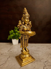 Antique Brass Deepalakshmi Pavai Diya | Crowned Temple Maiden Lamp with Square Base for Vastu & Heritage Entryway