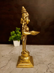 Antique Brass Deepalakshmi Pavai Diya | Crowned Temple Maiden Lamp with Square Base for Vastu & Heritage Entryway