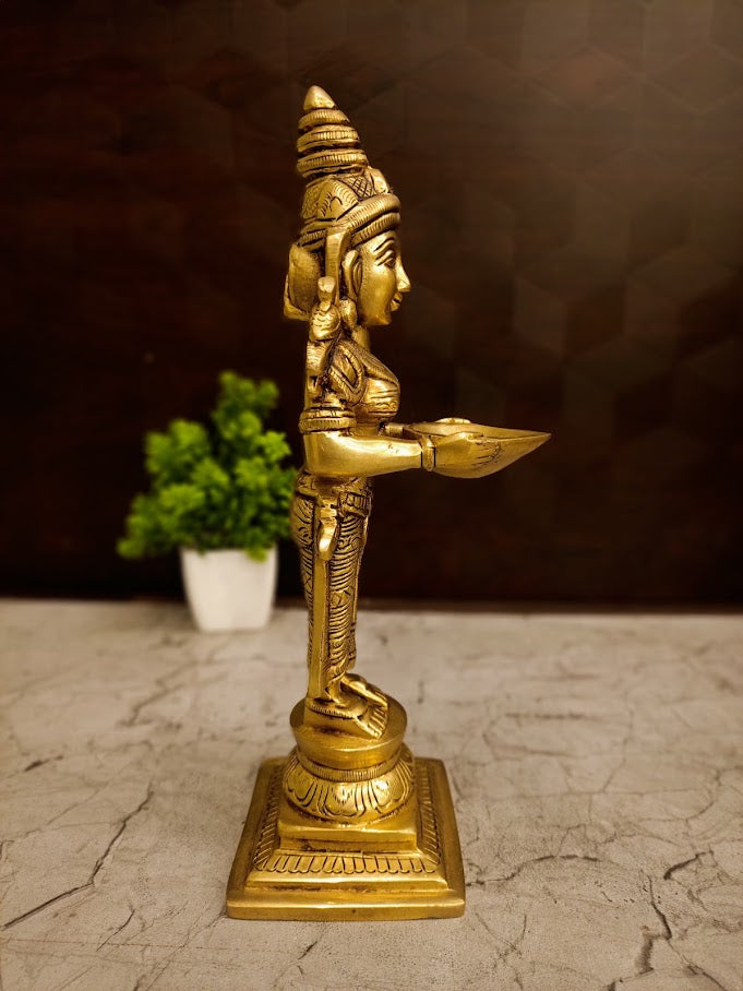 Antique Brass Deepalakshmi Pavai Diya | Crowned Temple Maiden Lamp with Square Base for Vastu & Heritage Entryway
