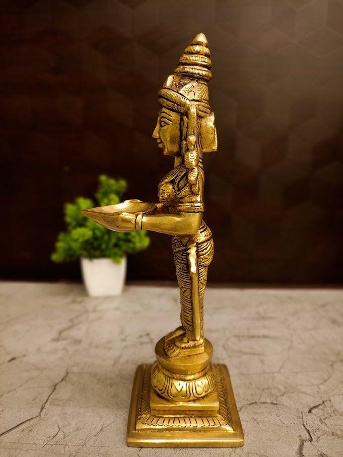 Antique Brass Deepalakshmi Pavai Diya | Crowned Temple Maiden Lamp with Square Base for Vastu & Heritage Entryway